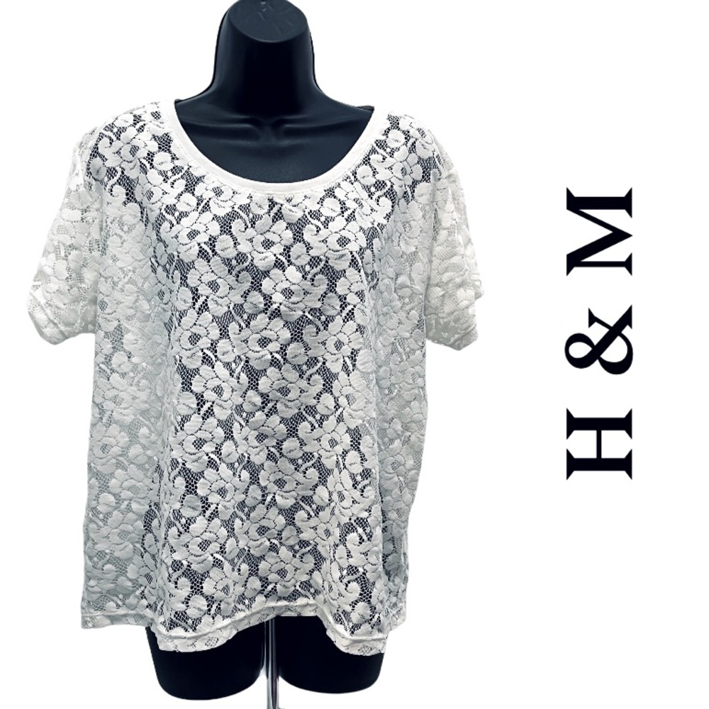 H&M White Floral Lace Short Sleeve Sheer Scoop Neck Blouse Size Large